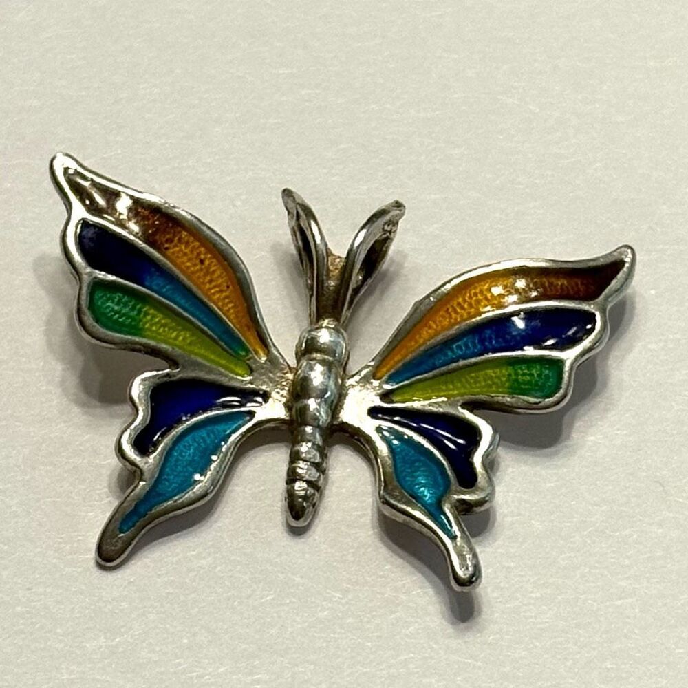 Butterfly Necklace Pendant Silver Orange Green Blue - Picture 1 of 6